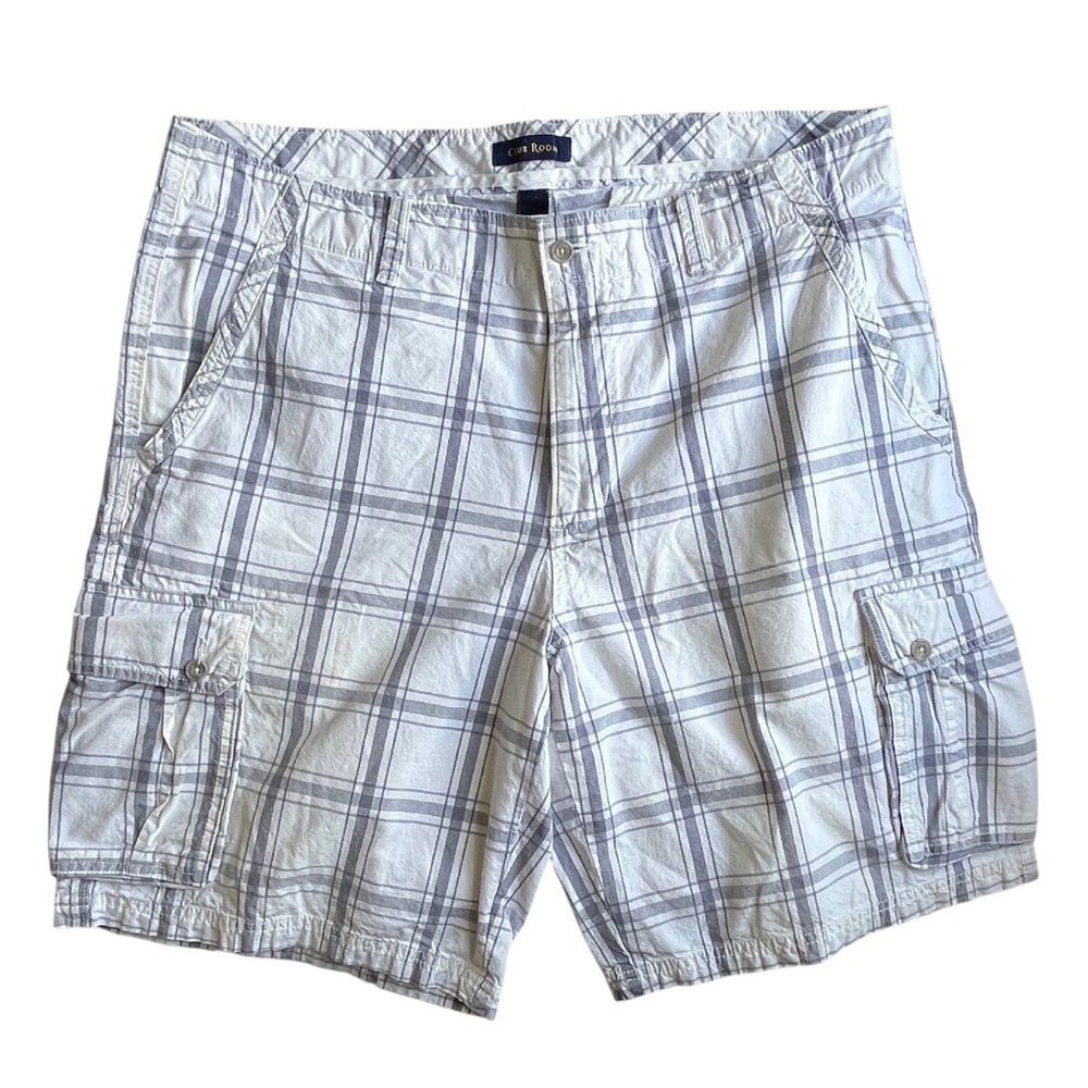 Macy's Mens Plaid Cargo Shorts Size 38 Blue Gray White Cotton 6-Pocket